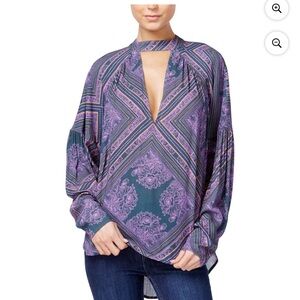 Free People Walking On A Dream Tunic Blouse Purple Paisley Keyhole Top Size S